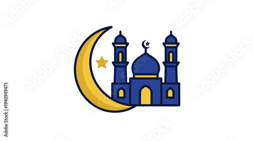 Islamic Mosque and Crescent Moon Illustration with Star Symbolizing Faith and Spirituality