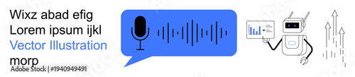 Artificial intelligence, voice recognition, data analysis, automation, technology, digital interface. Robot with a chart and blue audio waveform with microphone. Voice recognition and data analysis