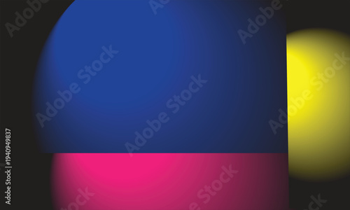 described features a modern abstract design characterized by three distinct geometric shapes set against a dark gray background