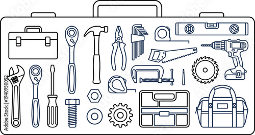 Collection of various hand tools and power equipment neatly organized inside a toolbox outline.
