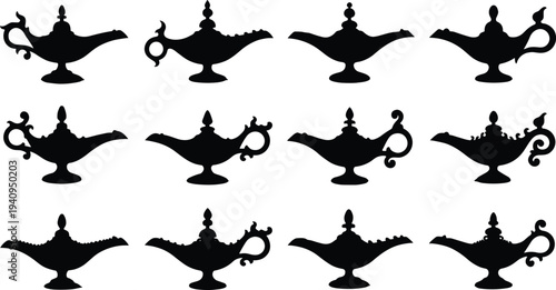 Magic lamp silhouette collection inspired by Arabian fairy tales and Aladdin story, ornate genie oil lamp shapes isolated vector icon set