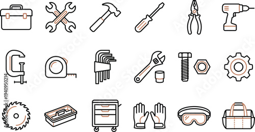 A collection of various outline icons representing construction, repair, and DIY tools and equipment.