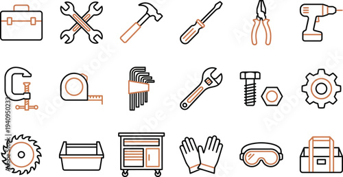 Collection of sixteen distinct outline icons representing various essential tools and equipment for repair and construction.
