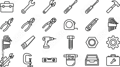 Essential collection of detailed black line art icons representing various professional building and repair hand tools.