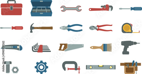 Collection of various flat design construction and repair hand tools organized neatly for illustration.
