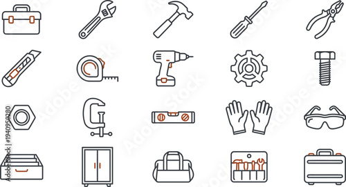 Modern outline vector icons depicting a comprehensive collection of essential hand tools and safety equipment.