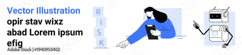 Risk management, artificial intelligence, decision-making, corporate strategy, data analysis, technology integration. Woman analyzing blocks spelling risk and robot assisting. Risk management and AI