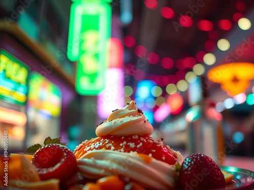Joyful indulgence under electric skies, a burst of flavor against a blurred, pulsating backdrop,  bokeh,  crave