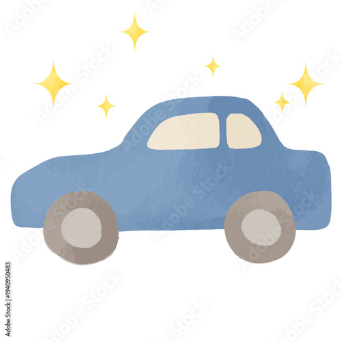 キラキラ輝く水彩風の青い車イラスト｜自動車・乗用車・交通・ドライブ・移動・モビリティ・ベクター