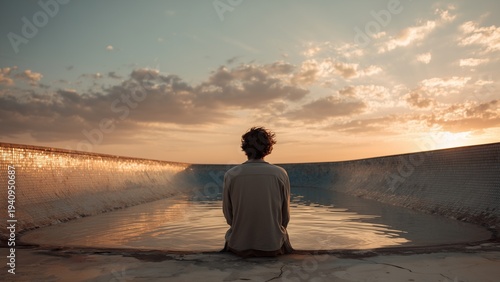 Solitary Man in Pool at Sunset Symbolizing Emotional Isolation and Mental Health Awareness