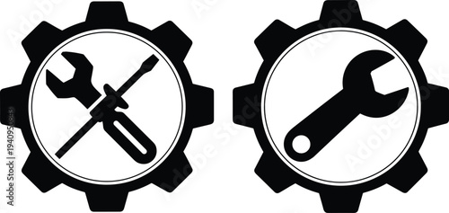 Industrial gear icons with wrench and screwdriver tools, mechanical repair maintenance symbol illustration engineering workshop service badge design