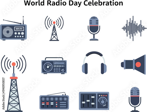 A graphic featuring radiorelated icons radio sets antennas microphones headphones sound waves and audio mixers