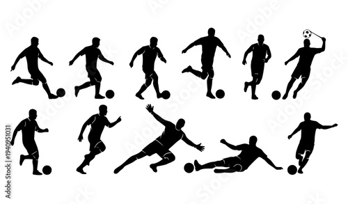 :
Soccer player silhouettes set with football action poses including kick dribble header goalkeeper and celebration vector collection