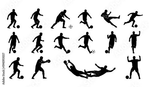 :
Soccer silhouettes vector pack with football players running shooting passing defending and goalkeeper poses