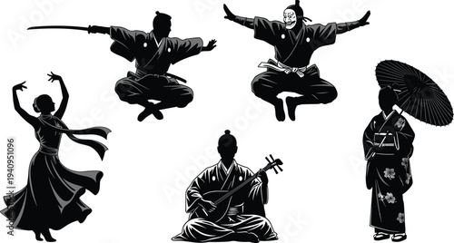 Japanese culture silhouettes, samurai warriors, traditional dance, kimono parasol figure, shamisen musician, martial arts action, heritage vector illustration, cultural design concept