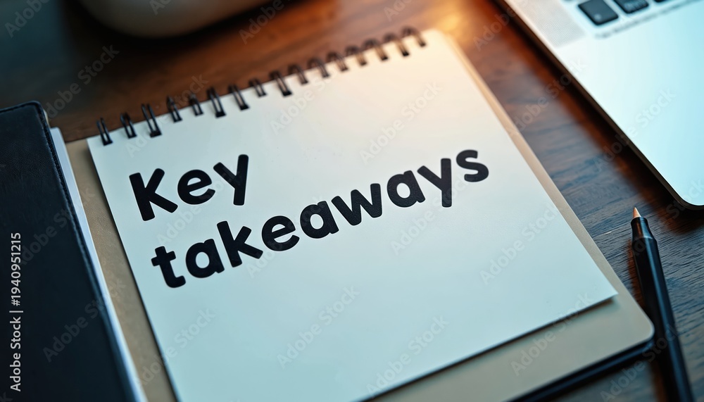 Fototapeta premium Open notebook shows Key Takeaways text beside laptop and pen on desk. Writer notes important points on paper with pen. Work from home concept.