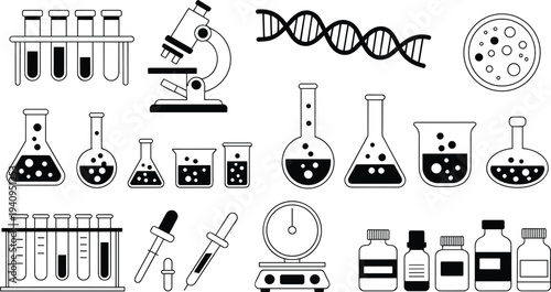 Laboratory science illustration, test tubes, microscope, DNA helix, petri dish, chemistry flasks, pipettes, balance scale, scientific tools, biology research icons