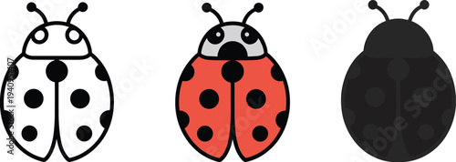 Ladybug icon set, cute ladybird insect illustration collection, black red beetle symbols for nature wildlife design