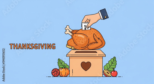 Thanksgiving turkey donation box with hand inserting money.