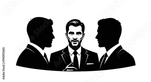 Three businessmen in suits discussing ideas together.