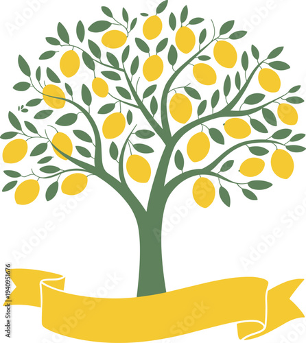 Lemon fruit tree illustration with ribbon banner, citrus orchard harvest concept, fresh organic lemon tree design, botanical fruit plant vector isolated on white background