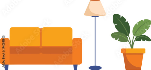 Living room interior furniture set with sofa, floor lamp and houseplant, modern home decor vector illustration isolated