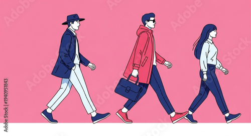Three stylish people walking in a line on a pink background.