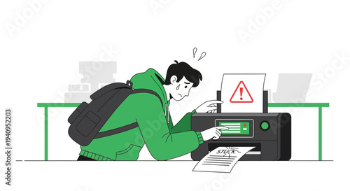 Student frustrated with broken printer, error message on screen, paper jam