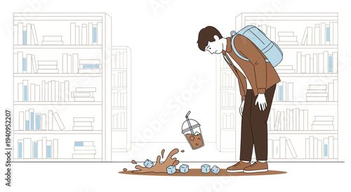 Student spills coffee in library, dropping drink and ice cubes