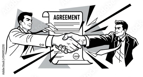 Two businessmen shaking hands over an agreement document.