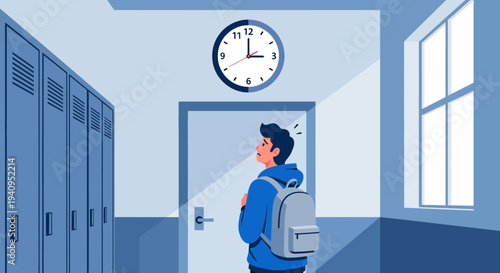 Student stressed about time in school hallway, looking at clock, backpack, lockers