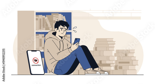 Student stressed about online connection issues while studying in library