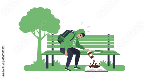 Student spills coffee on open book while sitting on park bench, disappointment