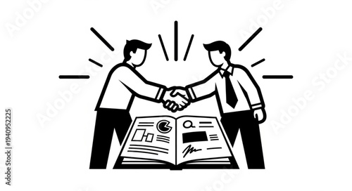 Two businessmen shaking hands over an open contract document.
