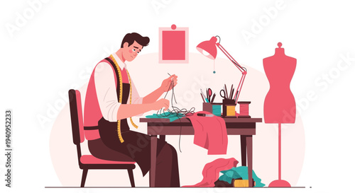 Tailor sewing clothes at a desk with mannequin, threads, and fabric