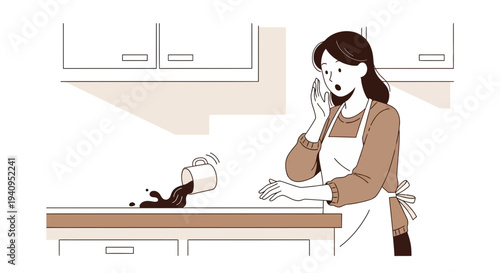 Surprised woman spills coffee on kitchen counter, messy accident, domestic mishap
