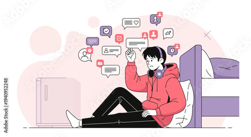 Teenager overwhelmed by social media notifications, feeling stressed and isolated