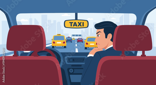 Taxi driver in car looking at traffic, city view, urban transport concept
