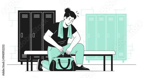 Tired athlete in locker room, feeling exhausted after workout, sitting on bench with gym bag