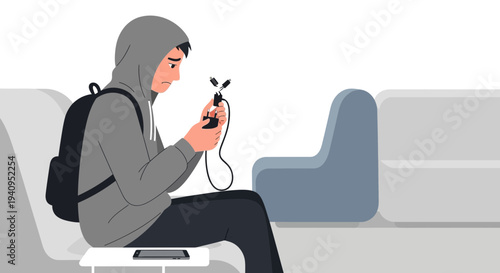 Teenager with headphones and backpack on public transport, listening to music