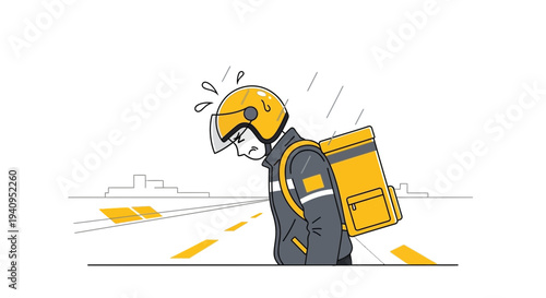 Tired delivery man with backpack on rainy road, exhaustion, hard work, urban delivery concept