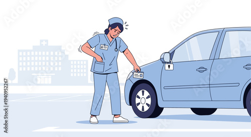 Tired Nurse Searching for Parking Spot Near Hospital, Exhausted Medical Worker