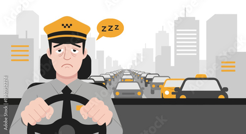 Tired taxi driver stuck in traffic jam, feeling sleepy in city