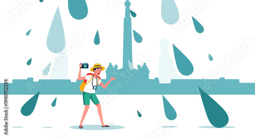 Tourist Caught in Rainstorm While Sightseeing City Landmark