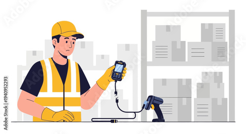 Warehouse worker using handheld scanner for inventory management and barcode scanning