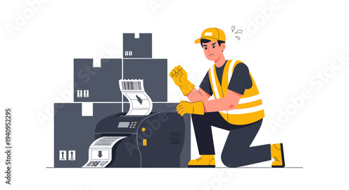 Warehouse worker with barcode printer and boxes, logistics and shipping concept