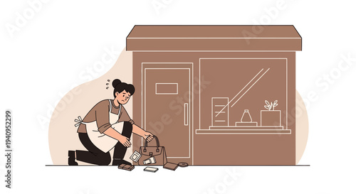 Woman cleaning up trash outside a small shop, environmental responsibility concept