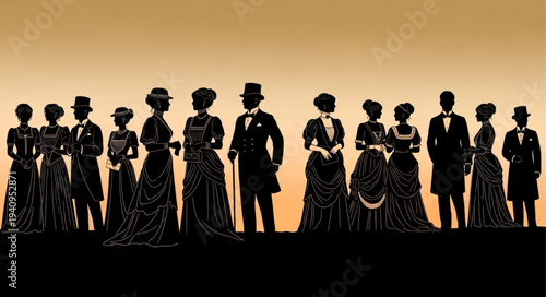 Victorian Era Silhouettes of Men and Women in Formal Attire.