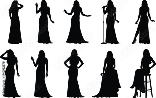 Collection of elegant female singer silhouettes performing on stage with microphone, glamorous women in long dresses vector illustration isolated on white background