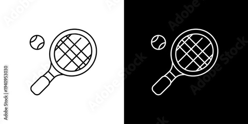 Simple line art icon illustrations of a tennis racket and ball on white and black backgrounds
